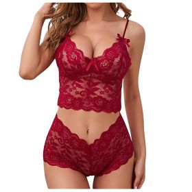 Sexy Women Lingerie Set Thin Lace Flower Printed Underwear Suit Female Adjustable Shoulder Strap Triangle Cup Bralettle (Cup Size: L, Color: red set)